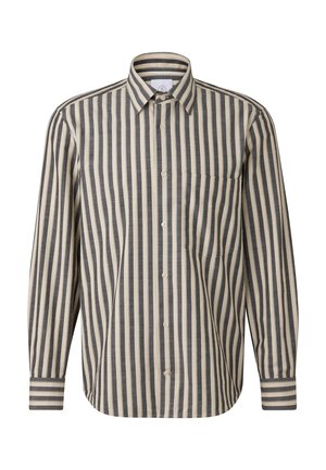 Langarmshirt met verticale zwarte en beige strepen, knoopsluiting aan de kraag, een borstzak en manchetten aan de mouwen.