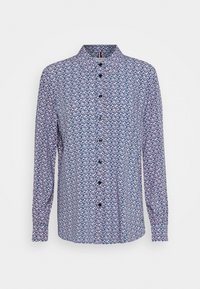 Chemise à manches longues en tissu à motif présentant des formes géométriques bleues, roses et blanches, avec un col et une fermeture à boutons.