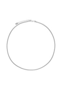 Collana a catena in argento con un design liscio e flessibile. Presenta un gancio a moschettone e una lunghezza regolabile con una breve catena di estensione.