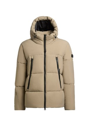 Beež puffer-jakk kapuutsiga, lukuga ees ja kahe lukuga rinna taskuga. Omab tikanditud mustrit ja musti metallosi.