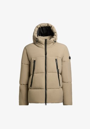 Beež puffer-jakk kapuutsiga, lukuga ees ja kahe lukuga rinna taskuga. Omab tikanditud mustrit ja musti metallosi.