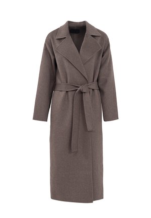 Long brown wrap coat made of soft fabric, featuring a notched collar, long sleeves, and a tied belt at the waist.