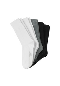 Sei paia di calzini in bianco, grigio chiaro, grigio scuro e nero. Composizione in cotone misto, texture liscia, sfumature variabili, con polsini a coste e logo stampato.
