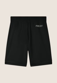 Pantaloni sportivi neri con una cintura ampia, caratterizzati da un logo lucido "FREDDY" sul davanti. Texture liscia, design alla lunghezza del ginocchio.