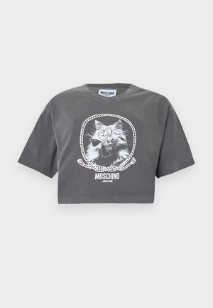 Grey cropped T-shirt with a white illustration of a cat wearing glasses and a bow tie inside a rope frame, with "MOSCHINO JEANS" text below.