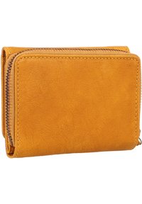 Yellow leather wallet with a textured finish, featuring a zipper closure and stitched edges. Compact design with minimal accents.