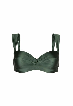 Sötétzöld bandeau bikinifelső csavart elülső részlettel és két széles pánttal. Simább, fényes anyagból készült.