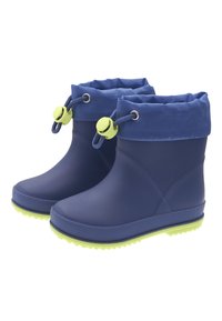 Bottes en caoutchouc navy avec une semelle texturée, des accents verts et un revers en tissu bleu pliable fixé par un système de fermeture à cordon.
