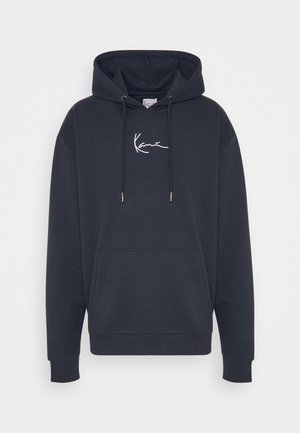 Navy hooded sweatshirt made of soft fabric, featuring a kangaroo pocket, drawstring, and white logo embroidery on the chest.