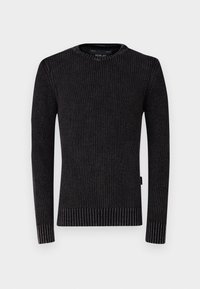 Pull en maille côtelée noire à manches longues avec col rond et poignets et ourlet ajustés, présenté sur un fond blanc.