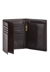Black leather wallet with an open design, featuring multiple card slots, a zippered compartment, and smooth texture.