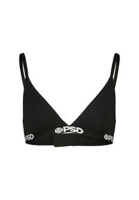 Crni trokutasti bralet napravljen od mekog materijala, s tankim podesivim trakama i elastičnom trakom s markom koja ima bijeli logo.