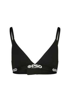 Crni trokutasti bralet napravljen od mekog materijala, s tankim podesivim trakama i elastičnom trakom s markom koja ima bijeli logo.