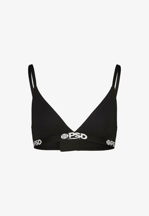 Musta kolmnurga kujuline rinnahoidja, mis on valmistatud pehmest kangast, õhukeste reguleeritavate rihmadega ja bränditud elastse vöödega, millel on valge logo detail.
