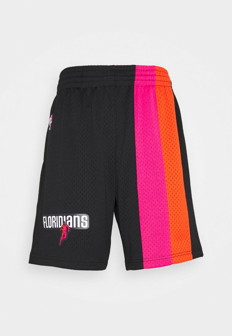 Shorts de basketball noirs avec des rayures verticales roses et orange et un logo "Floridians" avec un graphique de joueur de basketball sur la jambe gauche.