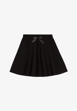 Zwarte flared rok met een gestructureerde tailleband en een klein satijnen strikje in het midden voor.