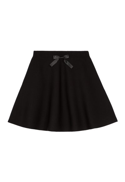 Jupe noire évasée avec une taille texturée et un petit nœud en satin noué au centre devant.