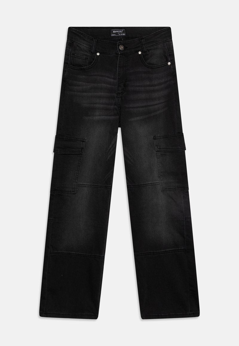 Pantalon cargo noir à jambe droite avec poches à rabat à l'avant et sur les côtés, détails de couture, fermeture par bouton et passants pour ceinture.
