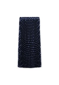 Gonna midi plissettata in tessuto blu navy, con piccoli motivi floreali in colori chiari, vita elastica e design fluido con texture verticale.