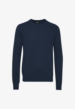 Marineblauwe gebreide trui met ronde hals, lange mouwen, een textuurpatroon en geribde manchetten en onderrand. Subtiel merkembleem aan de onderrand.