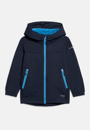Chaqueta para niños de color azul marino con capucha, cremallera azul brillante y detalles en los bolsillos, puños elásticos y forro interior azul claro.