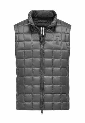 Grijze gewatteerde vest met hoge kraag, vooraan een rits en een puffy textuur. Bevat een klein logo-label aan de linkerkant. Lichtgewicht en geïsoleerd.