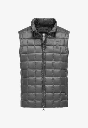 Grijze gewatteerde vest met hoge kraag, vooraan een rits en een puffy textuur. Bevat een klein logo-label aan de linkerkant. Lichtgewicht en geïsoleerd.