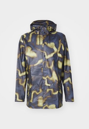 Waterproof jacket in a dark blue-yellow abstract pattern. Features a hood, front buttons, and two front pockets. Smooth, shiny texture.