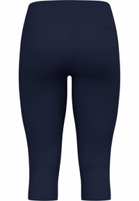 Marineblaue Capri-Leggings aus dehnbarem Stoff, mit einer glatten Textur, einem breiten Bund und einer seitlichen Tasche.
