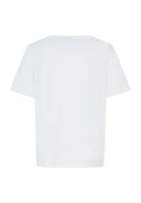 Camiseta blanca lisa de algodón, de manga corta, mostrada desde atrás con un cuello redondo y un ajuste regular.