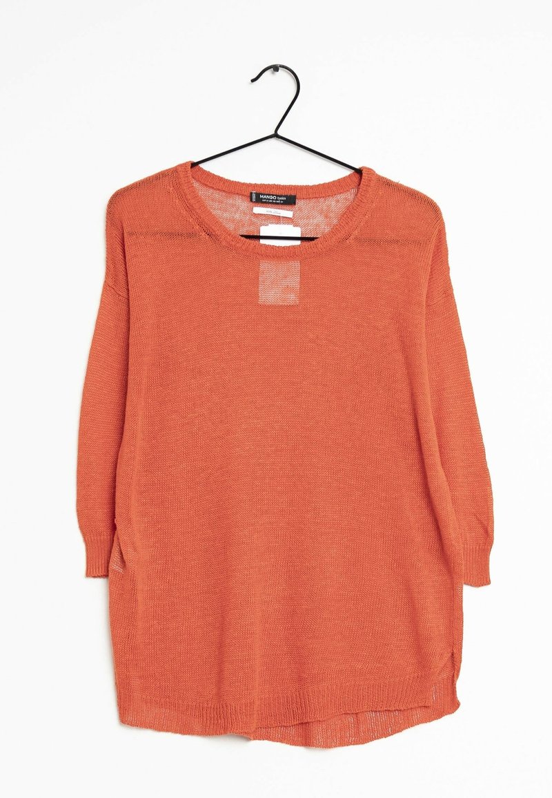 Pull en tricot orange à manches longues, ample, avec un col rond et des fentes sur les côtés. Présente un panneau légèrement transparent au niveau de la poitrine.
