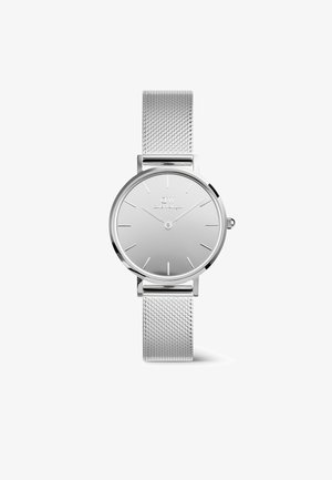 Montre en acier inoxydable argenté avec un cadran rond, bracelet en mesh, design minimaliste et marqueurs d'heure simples. Logo notable à la position de 12 heures.