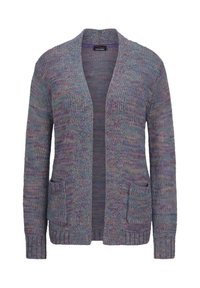 Cardigan tricot ouvert, en mélange multicolore de violet et de bleu, doté de manches longues et de deux poches plaquées à l'avant.