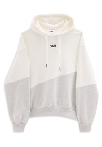 Felpa Vans, tessuto morbido, parte superiore bianca con pannello inferiore grigio, cappuccio con lacci, polsini elastici e logo discreto sul petto.