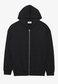 Svart zip-up hoodie med dragsko på huvan, framfickor och ribbade ärmslut. Tillverkad av mjukt material med en slät yta, enkel design.