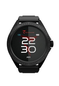 Orologio smartwatch nero con cassa rotonda, display digitale, numeri bianchi e rossi ben visibili, sfondo nero testurizzato e cinturino in silicone nero.