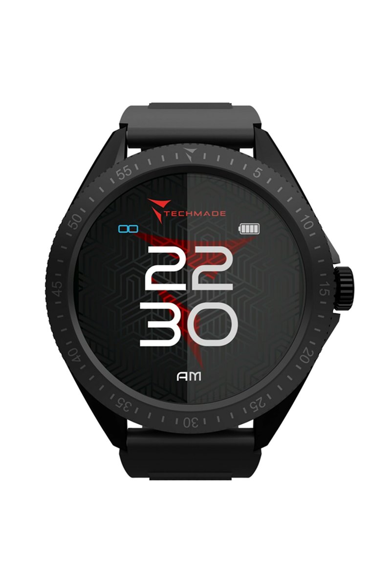 Orologio smartwatch nero con cassa rotonda, display digitale, numeri bianchi e rossi ben visibili, sfondo nero testurizzato e cinturino in silicone nero.