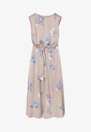 Cvjetna midi haljina od mekog bež materijala, s plavim i ljubičastim cvjetnim uzorcima, okruglim izrezom i vezivanjem u struku za podešavanje.
