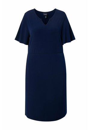 Vestido azul marino hasta la rodilla con mangas cortas con volantes y un sutil escote en V, diseñado para un ajuste relajado.