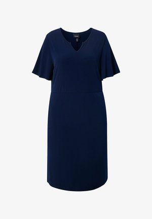 Marineblaues knielanges Kleid mit kurzen Rüschenärmeln und einem dezenten V-Ausschnitt, entworfen für eine bequeme Passform.