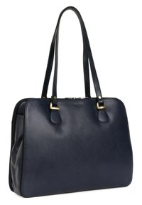 Borsa tote in pelle blu navy con doppie cinghie, hardware in tono oro, texture liscia e forma rettangolare strutturata. Chiusura con zip nella parte superiore.