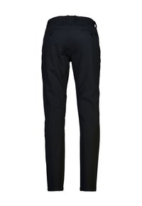 Pantaloni slim-fit neri in misto cotone. Presentano una superficie liscia, due tasche posteriori con chiusura a bottone e una vita standard.