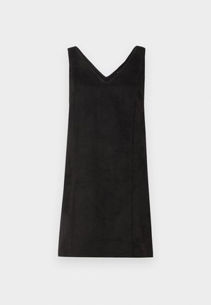 Vestido negro sin mangas con escote en V, hecho de un material suave, con corte recto y detalles mínimos. Textura suave.