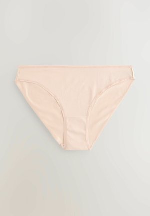 Light beige seamless bikini briefs with elastic waistband, soft texture, and minimal stitching details, designed for comfort and fit.