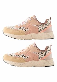 Sneakers featuring a mix of pink suede and leopard print fabric, with textured beige accents and a speckled midsole. Lace-up design with pull tab.