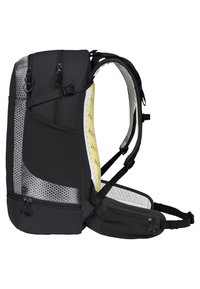 Zaino nero e grigio con pannellatura in rete, spallacci regolabili, grande tasca laterale e dettagli gialli. Design ergonomico per il comfort.