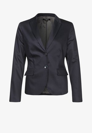 Schwarzer, maßgeschneiderter Damenblazer mit zwei Knöpfen, Reverskragen mit Kerbe, langen Ärmeln und vorderen Pattentaschen.