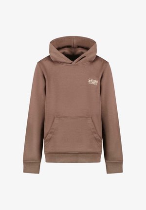 Bruine hoodie gemaakt van zachte stof, met een kangoeroezak en ribgebreide manchetten en zoom. Tekstlogo gedrukt op de bovenste linkerkant.