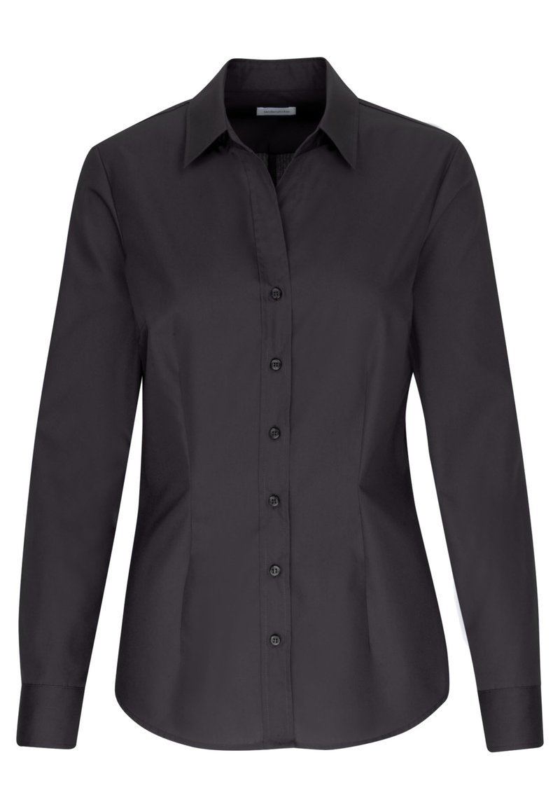 Zwarte blouse met lange mouwen van gladde stof. Heeft een puntkraag, volledige knopenlijst aan de voorkant en een getailleerde pasvorm met een gebogen zoom.