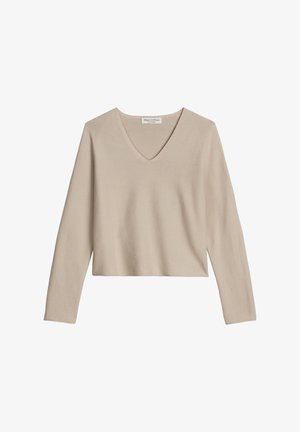 Beige langärmeliges Oberteil aus weichem Stoff mit V-Ausschnitt und kurzem Schnitt. Glatte Textur ohne sichtbare Muster oder Verzierungen.